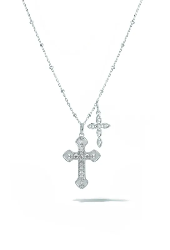 Double Pearl Cross Necklace - Silver sold by Oomiay