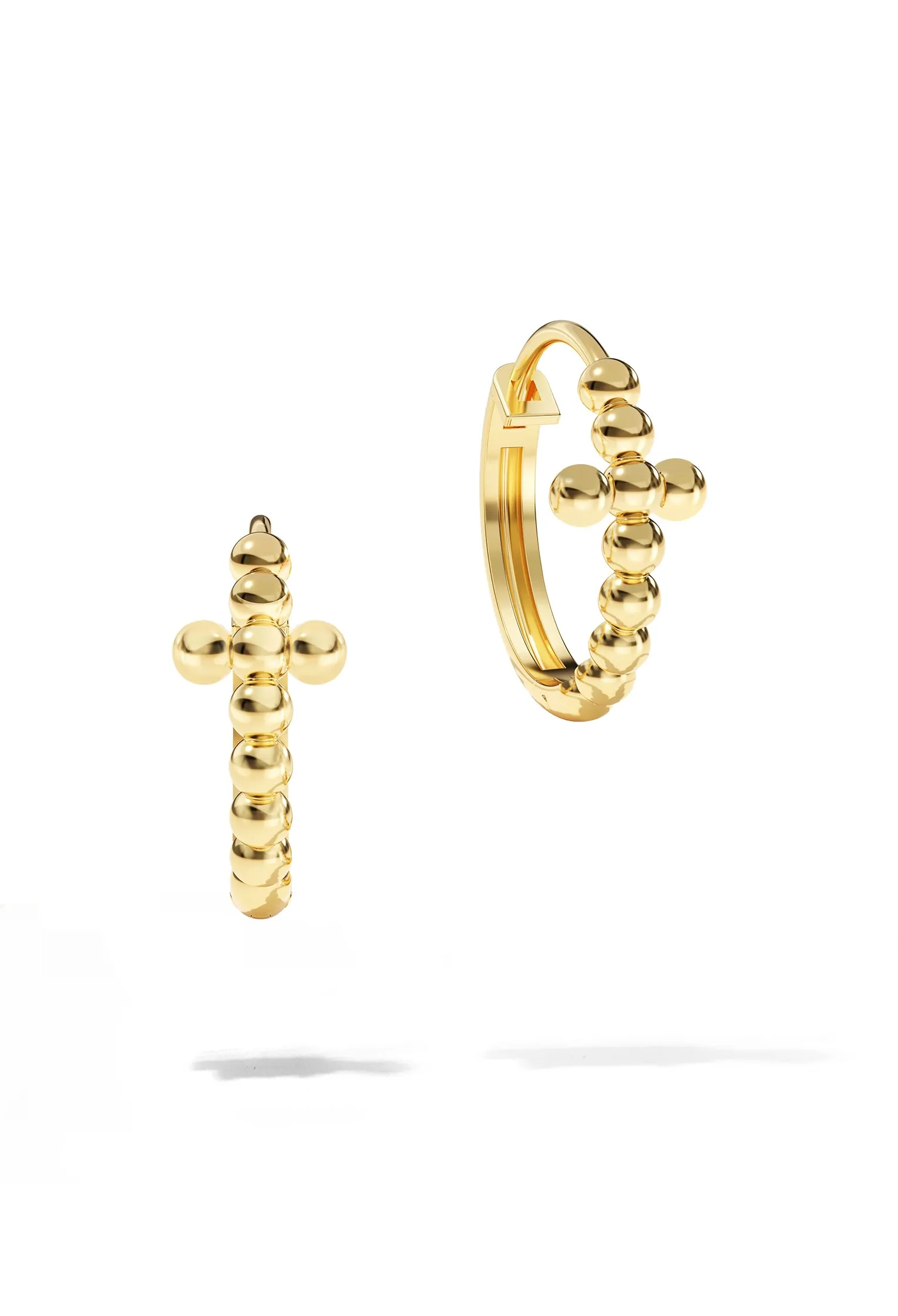 Bubble Cross Huggie Earrings | 14K Solid Gold sold by Oomiay