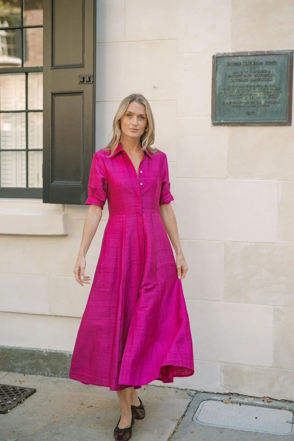 The JA Shirt Dress Dupioni - Magenta sold by Julia Amory product image thumbnail 4