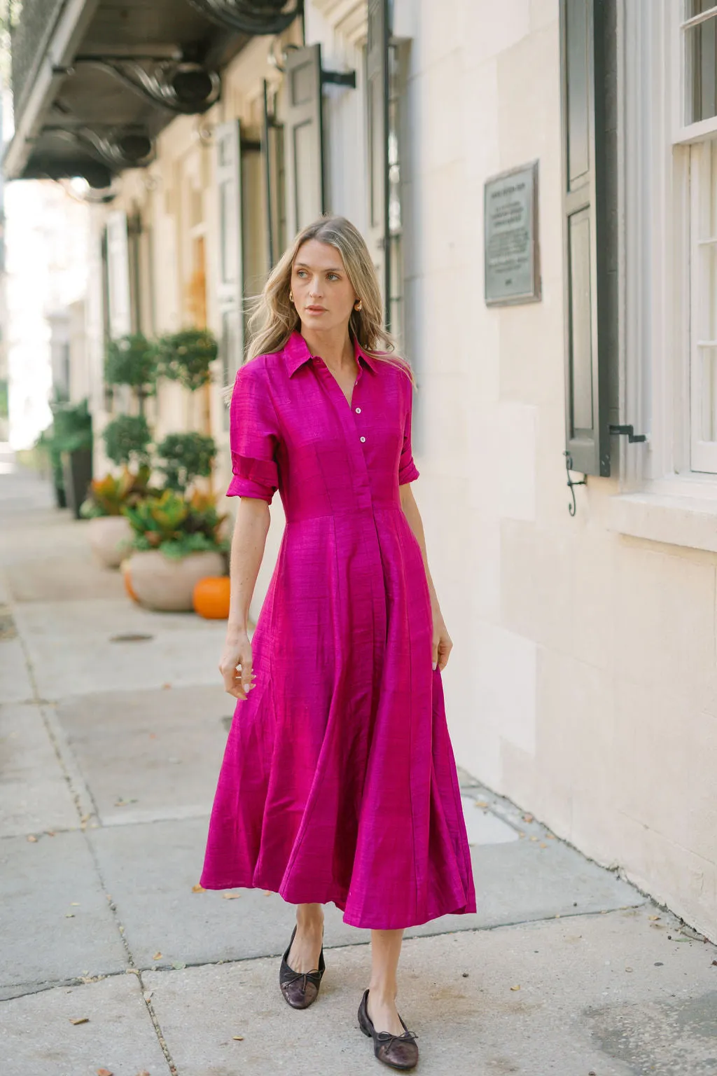 The JA Shirt Dress Dupioni - Magenta sold by Julia Amory