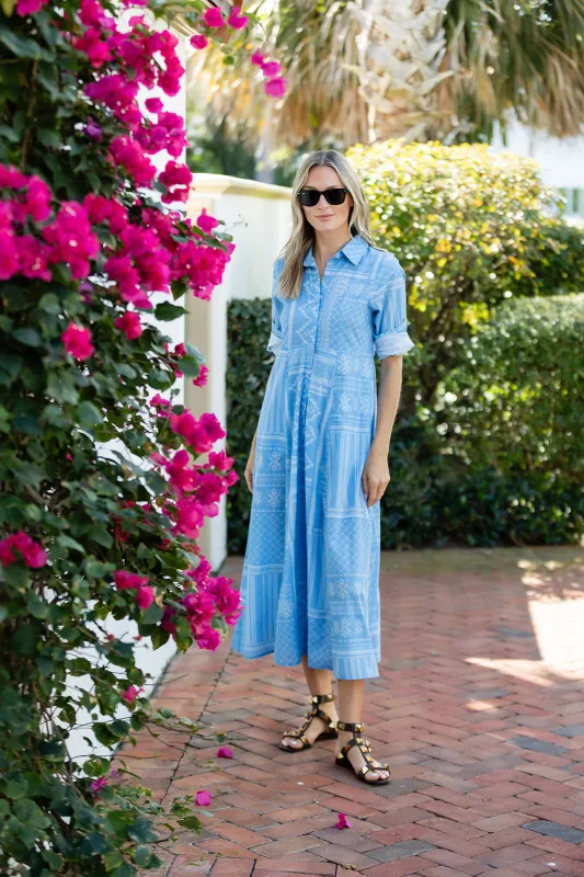 The JA Shirtdress - Cornflower Blue Tangier Patchwork sold by Julia Amory