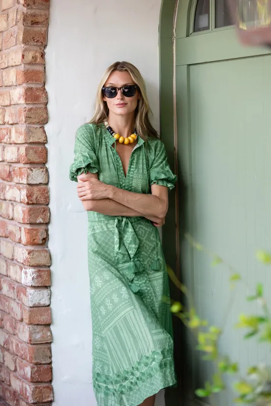 Zoe Dress - Sage Tangier Patchwork sold by Julia Amory