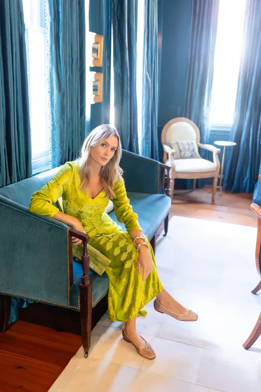 Chloe Caftan Velvet - Chartreuse sold by Julia Amory