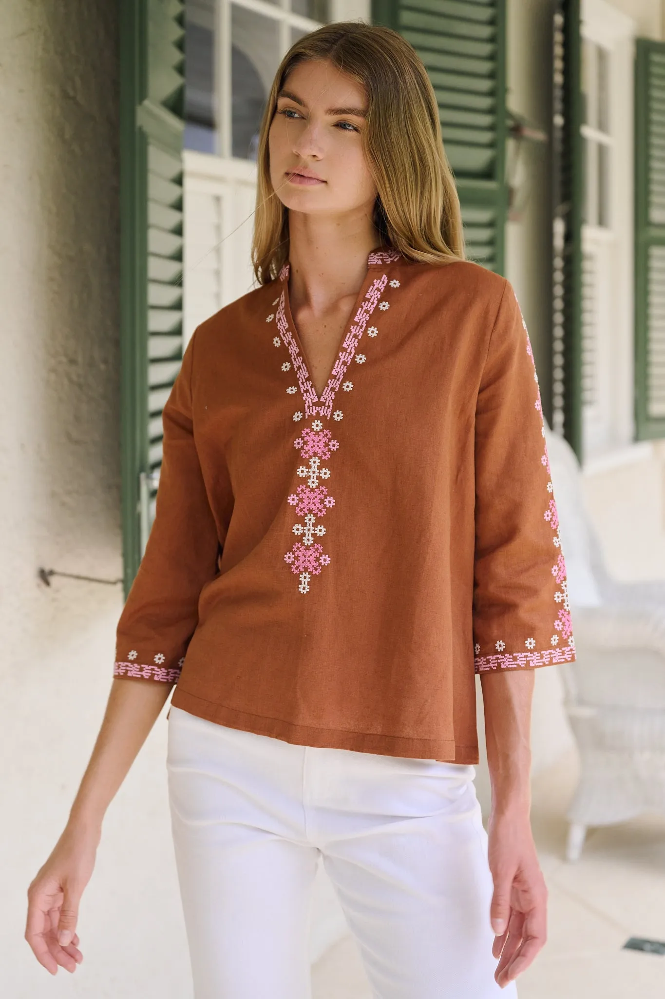 Dylan Tunic Top - Mocha with Shell Embroidery sold by Julia Amory product image thumbnail 2