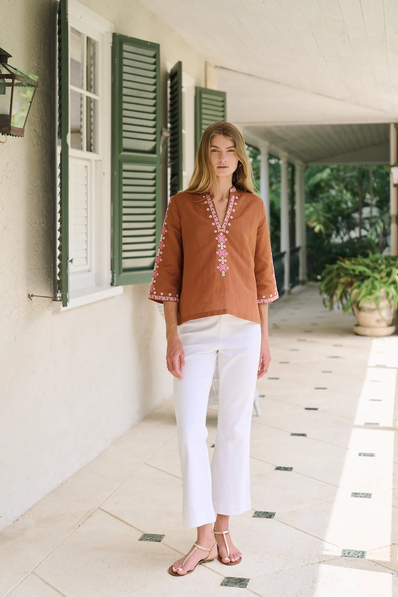 Dylan Tunic Top - Mocha with Shell Embroidery sold by Julia Amory
