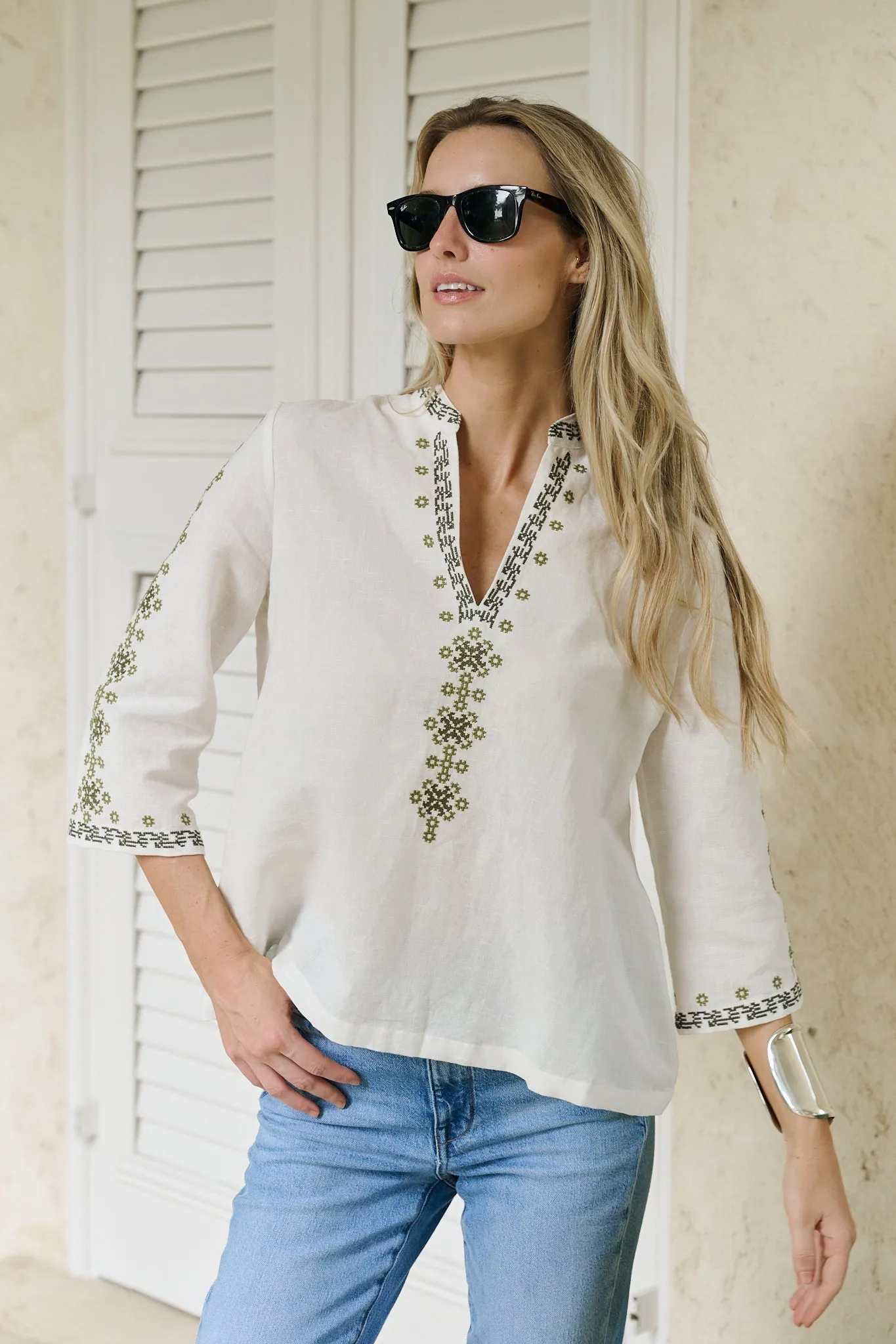 Dylan Tunic Top - Blanc with Moss Embroidery sold by Julia Amory product image thumbnail 2