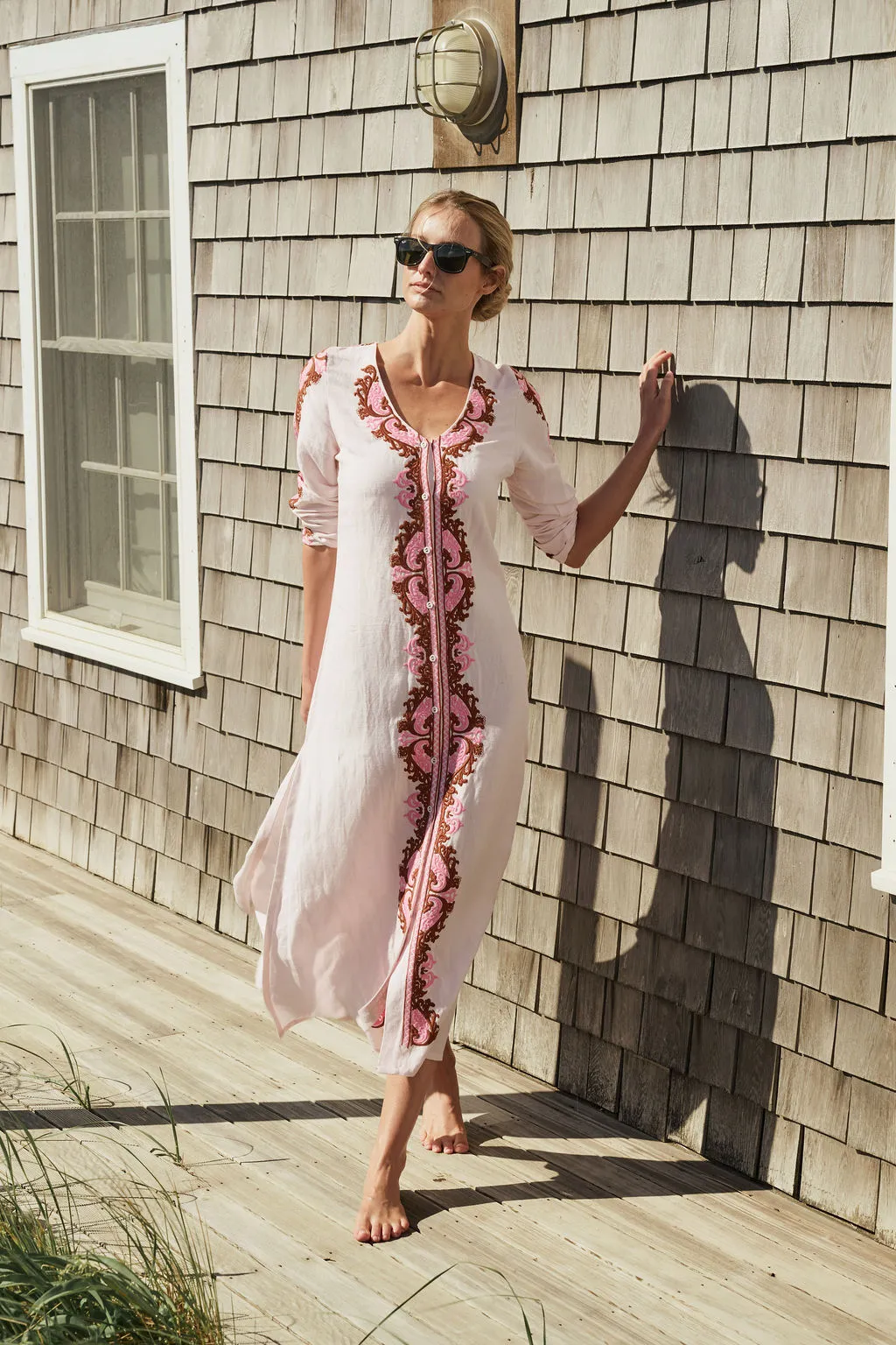 Chloe Caftan Embroidered - Ballet with Mocha sold by Julia Amory