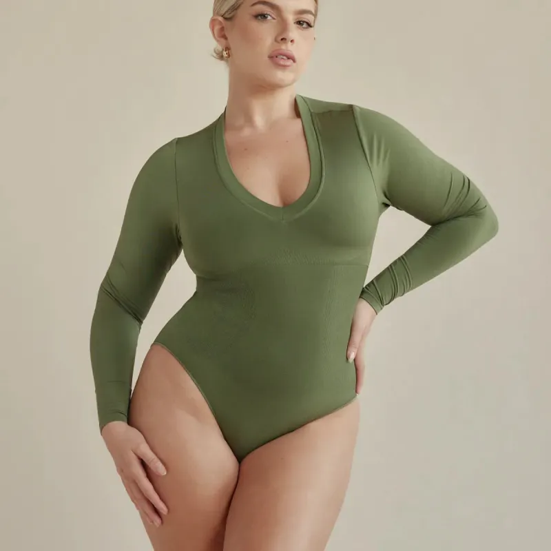 Long Sleeve V Neck Butter Sculpt® Seamless Shapewear Bodysuit sold by Pinsy
