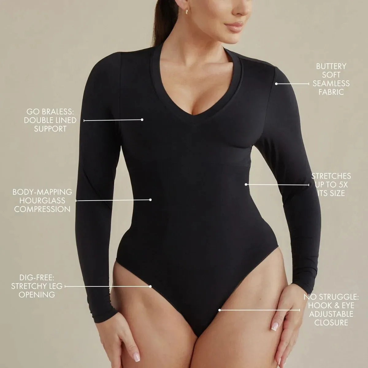 Long Sleeve V Neck Butter Sculpt® Seamless Shapewear Bodysuit sold by Pinsy product image thumbnail 4