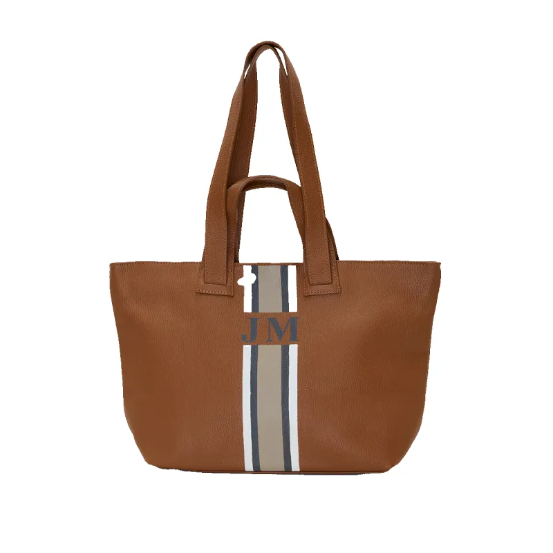 Tan Leather Double Handled Tote with Classic stripes sold by Lily and Bean