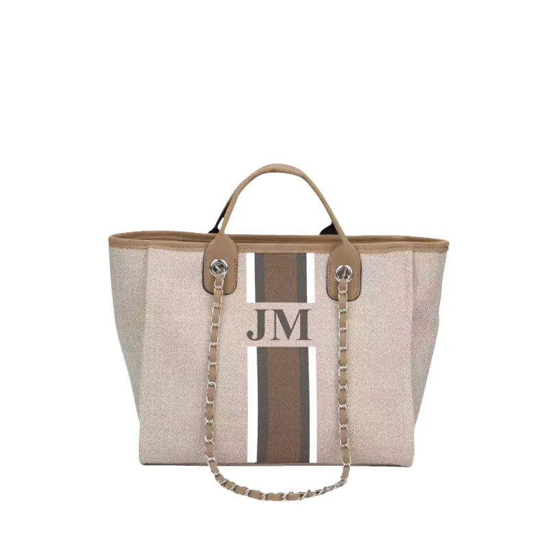 The Lily Canvas Medium - Soft Fawn with White, Grey and Beige Stripe sold by Lily and Bean