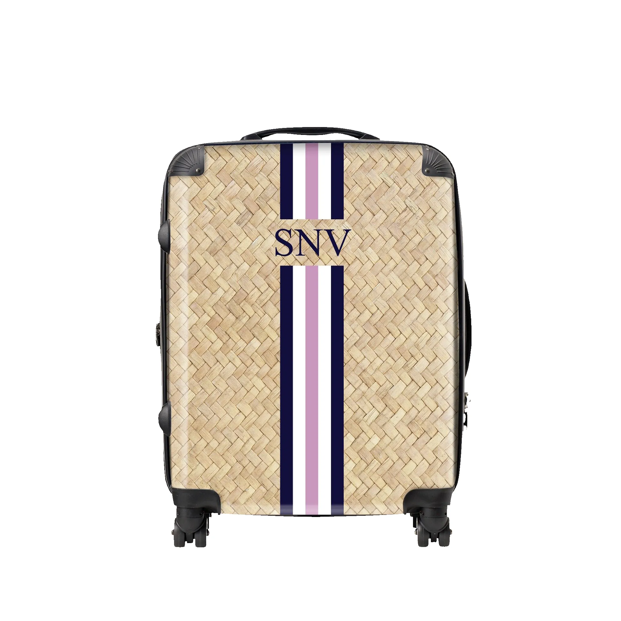 Navy, Pink and White Straw Effect Luggage sold by Lily and Bean