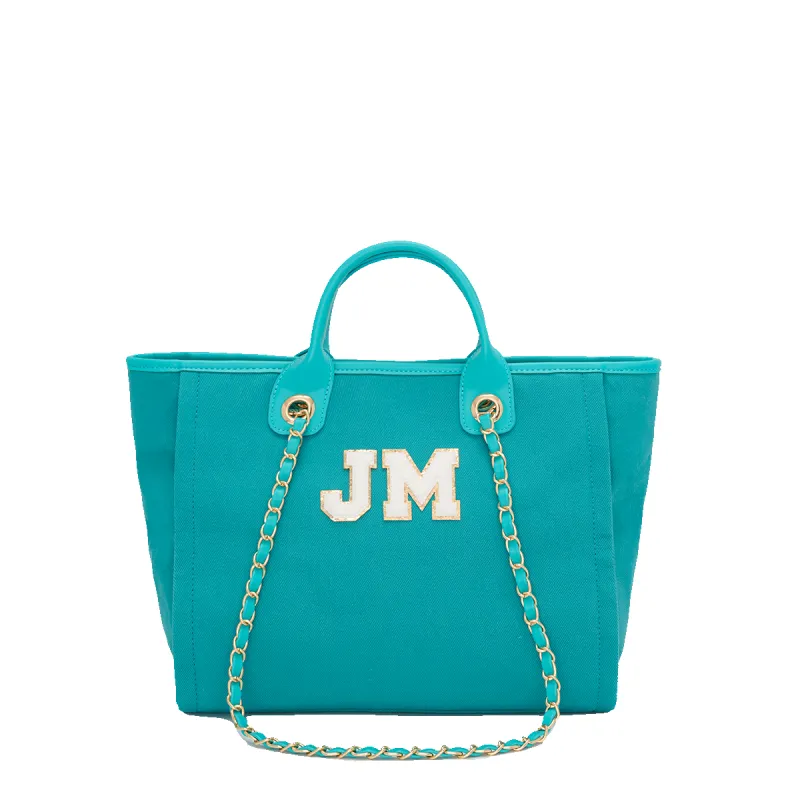 Lily & Bean Canvas Chain Tote Bag Teal With Chenille Letters sold by Lily and Bean