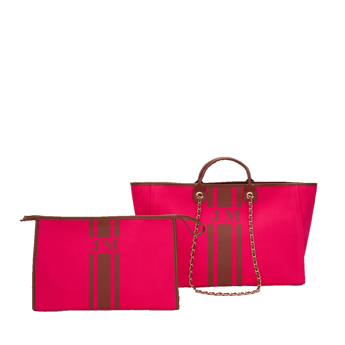 The Lily Fiery Neon Pink Tote and Ultimate Cosmetic Duo sold by Lily and Bean