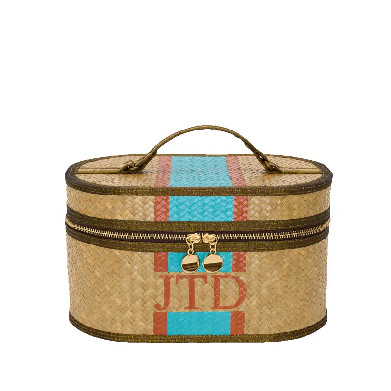 Straw Vanity Case - Turquoise & Tan sold by Lily and Bean