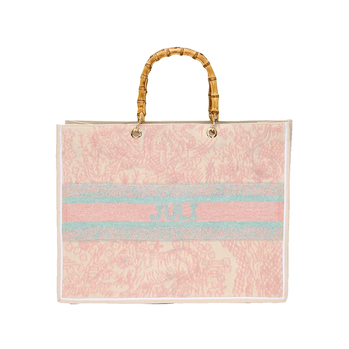 The Juliana Pastel Pink and Green Beaded Tote sold by Lily and Bean