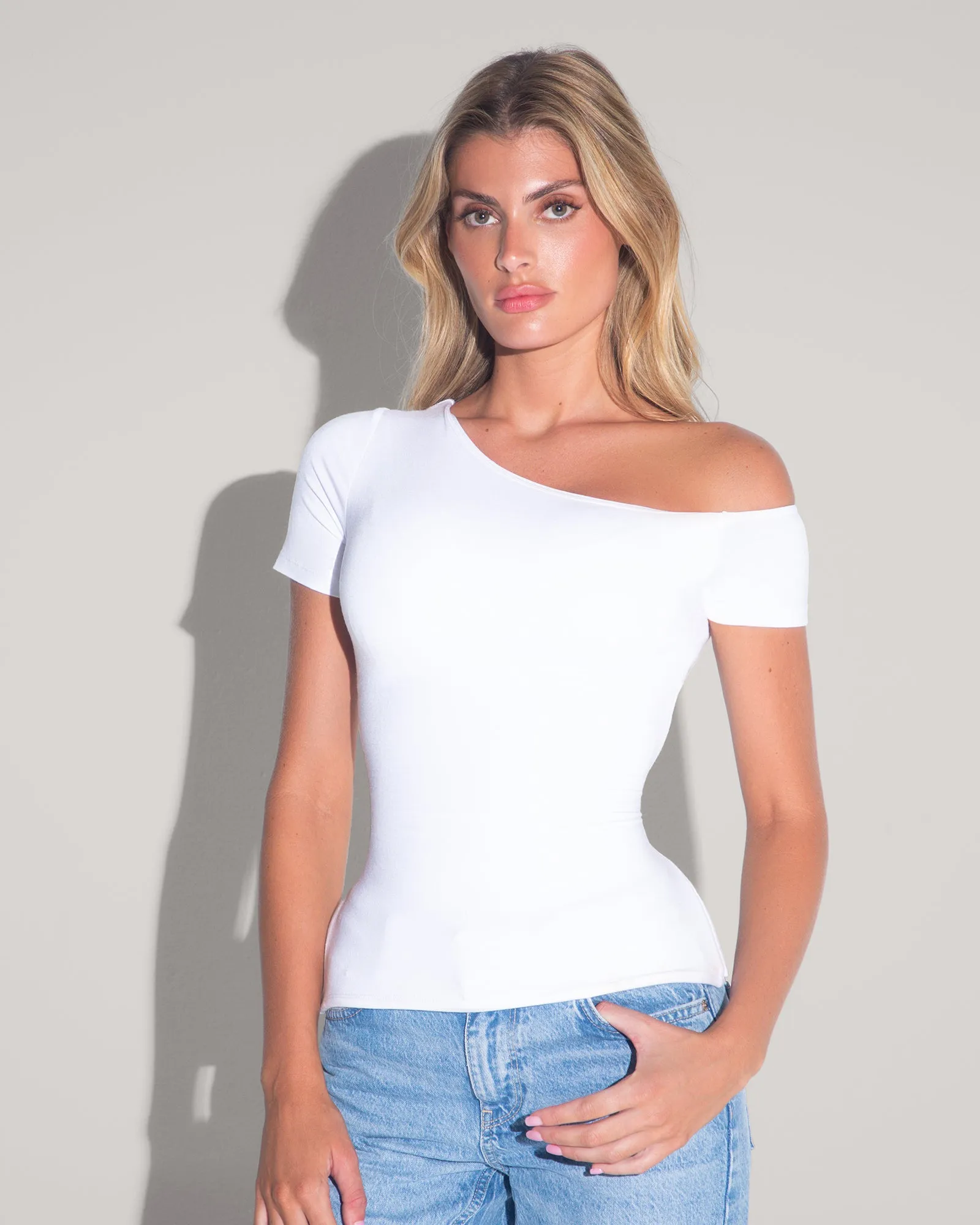 Shapey Short Sleeve Asymmy Top - White sold by TA3