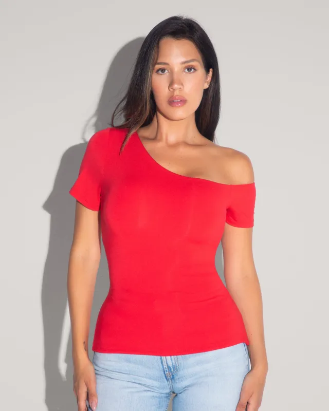 Shapey Short Sleeve Asymmy Top - Red sold by TA3