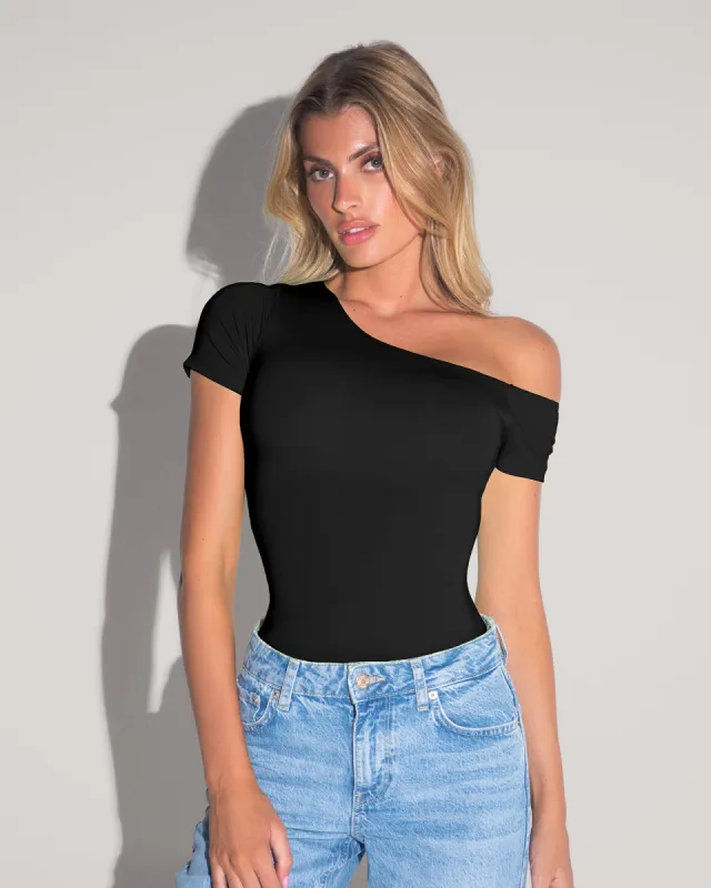 Shapey Short Sleeve Asymmy Top - Black sold by TA3