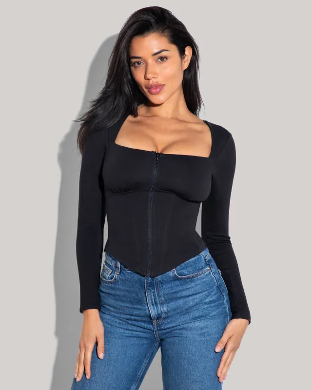 Corsety Square Neck Long Sleeve Top - Black sold by TA3