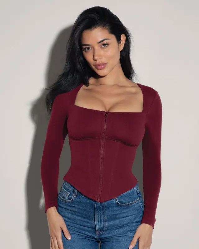 Corsety Square Neck Long Sleeve Top - Dark Cherry sold by TA3