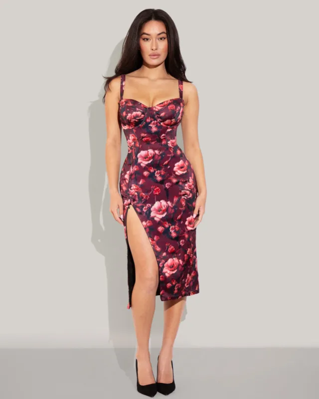 Seamed Lushy Satin Pencil Dress - Cranberry Floral sold by TA3