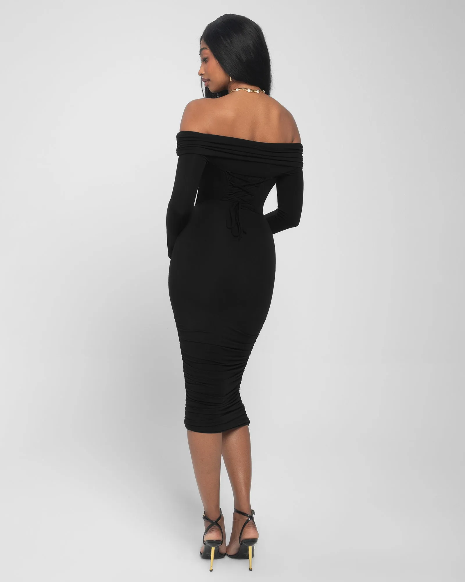Shapey Off Shoulder Ruched Dress - Black sold by TA3 product image thumbnail 2