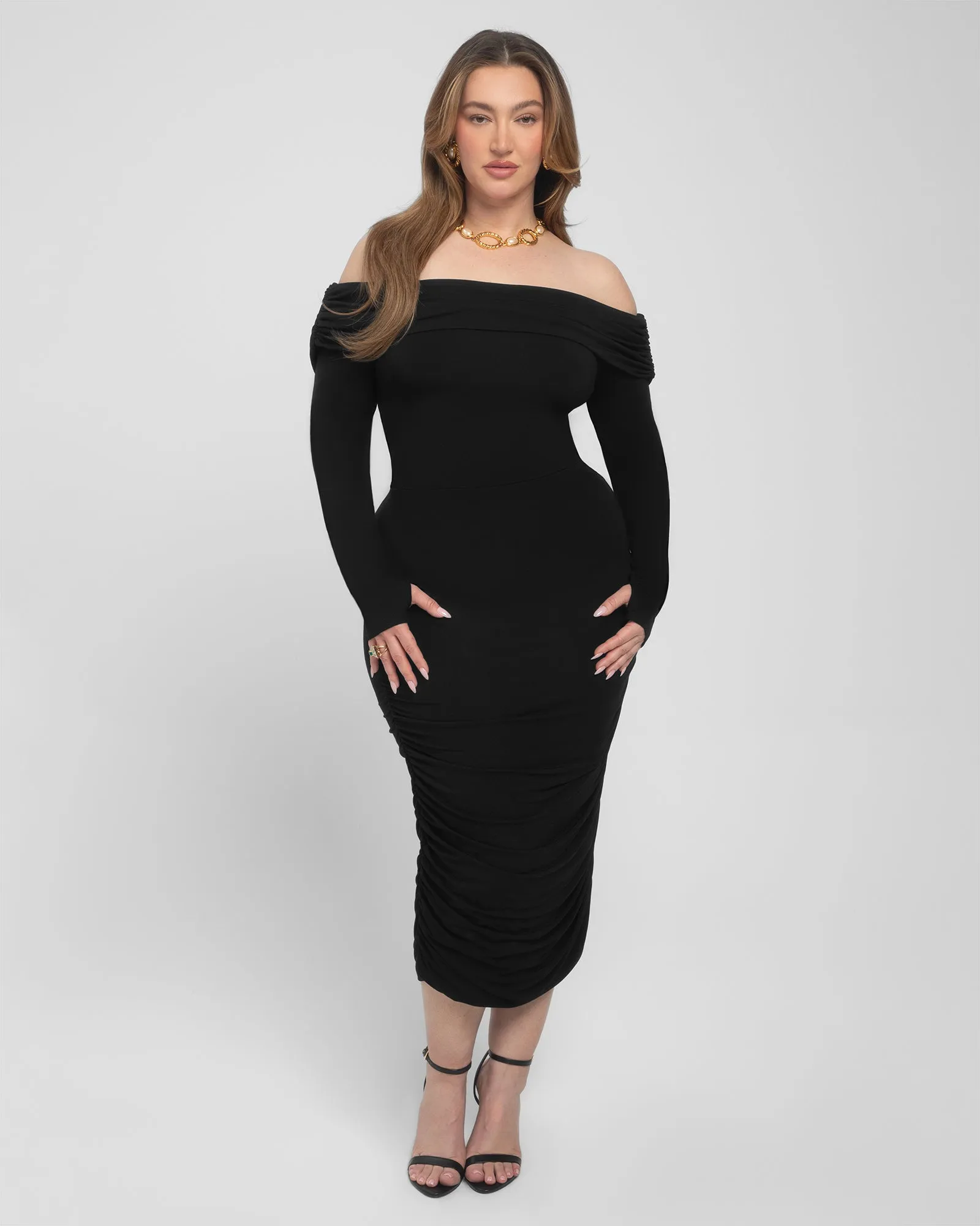 Shapey Off Shoulder Ruched Dress - Black sold by TA3 product image thumbnail 3