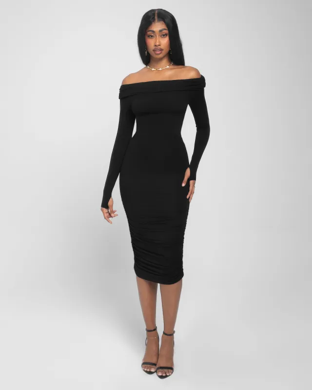 Shapey Off Shoulder Ruched Dress - Black sold by TA3