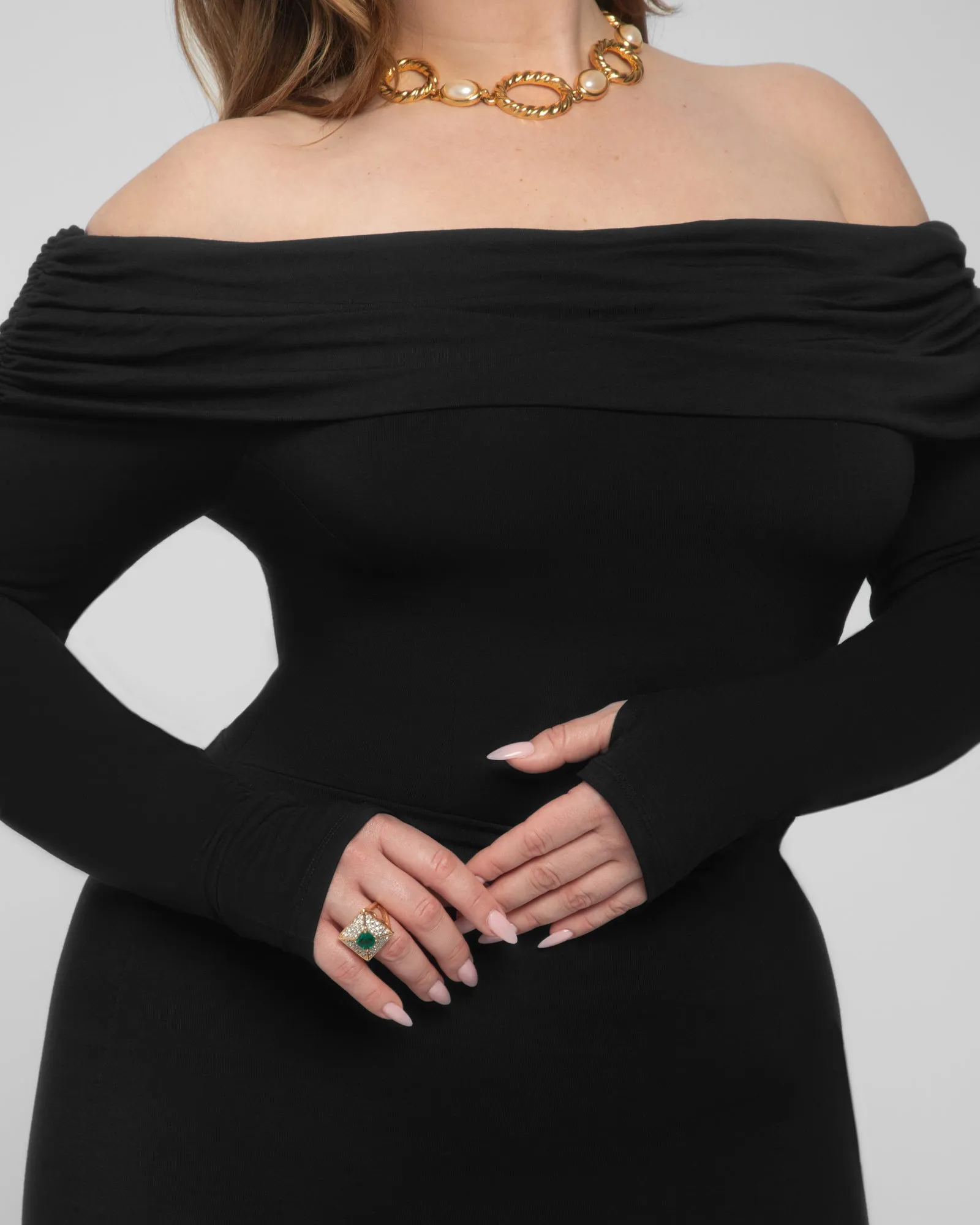 Shapey Off Shoulder Ruched Dress - Black sold by TA3 product image thumbnail 5