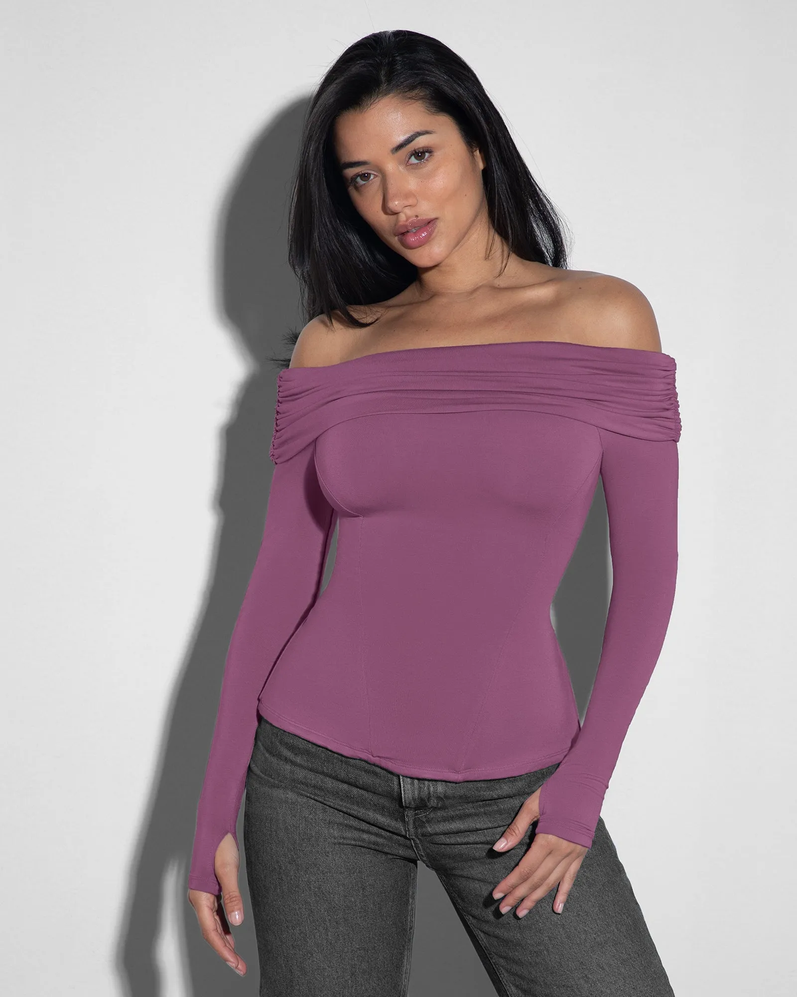 Shapey Off Shoulder Long Sleeve Top - Grape sold by TA3 product image thumbnail 3