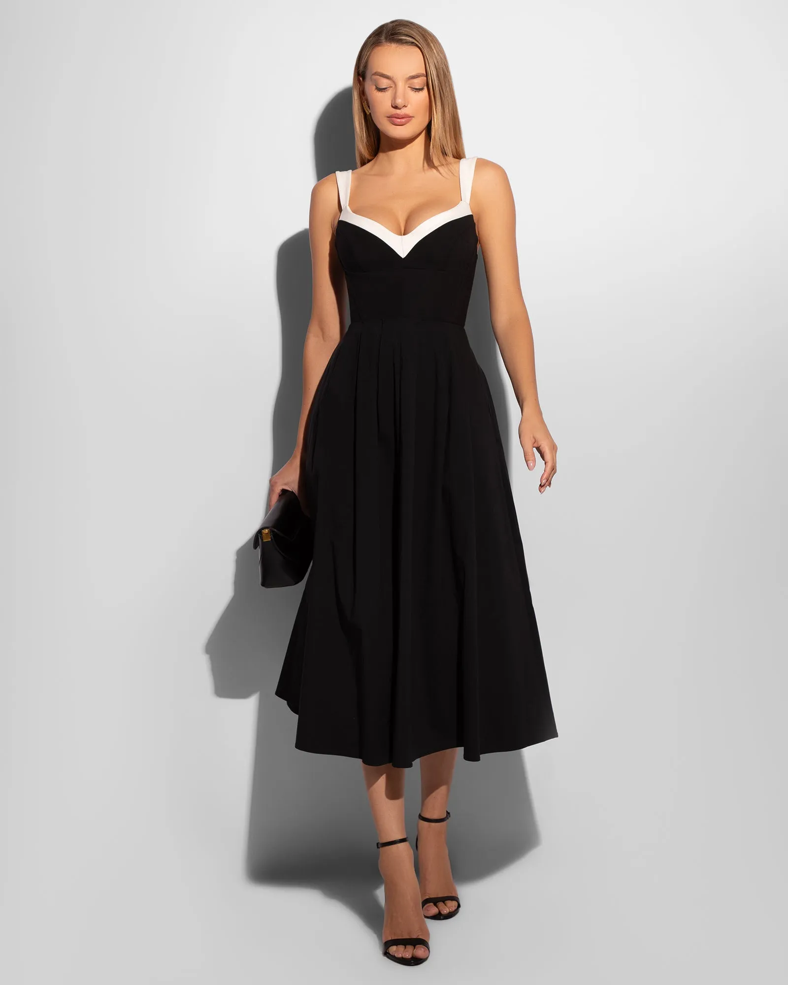 Poplin Fit & Flare Midi Dress - Black/Ivory sold by TA3