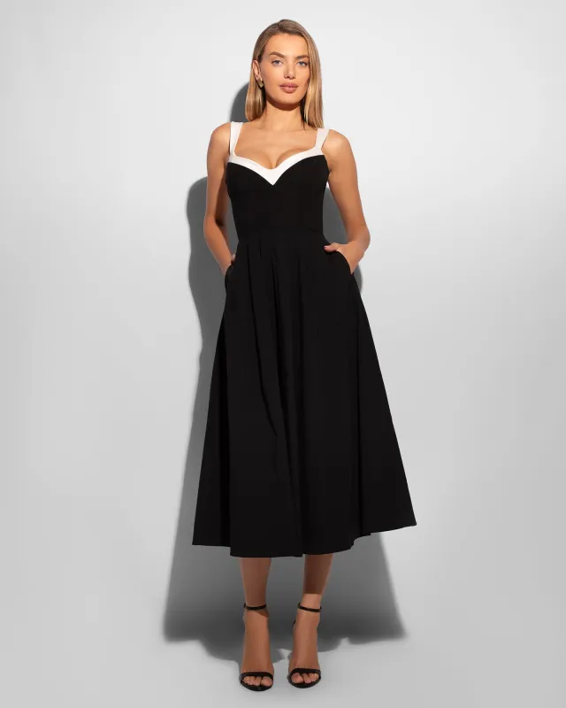 Poplin Fit & Flare Midi Dress - Black/Ivory | Parallel Poplin Fit & Flare Midi Dress - Black/Ivory | Parallel