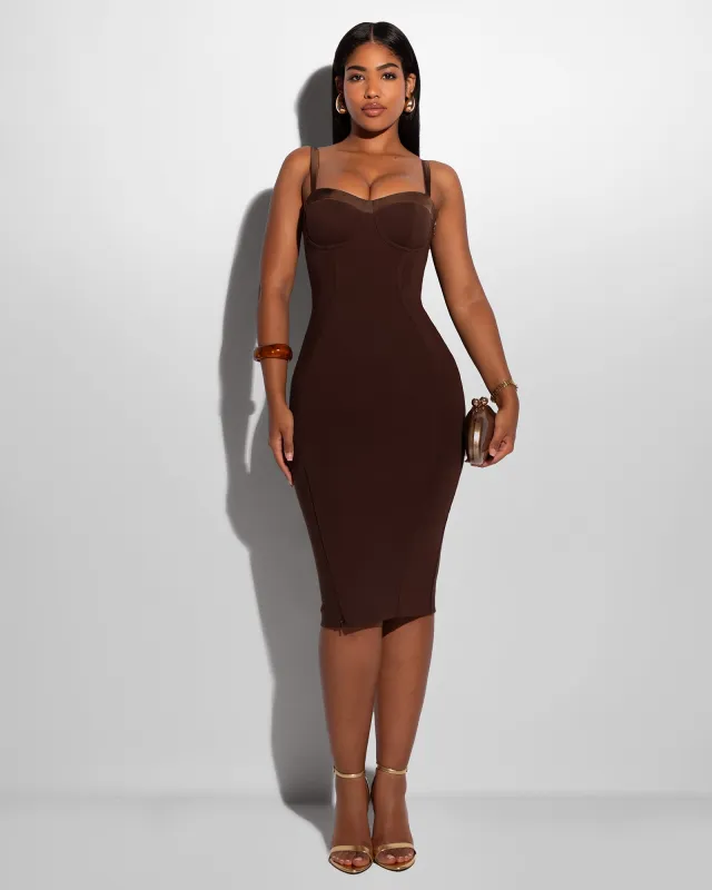 Seamed Lushy Midi Dress - Espresso Shine sold by TA3