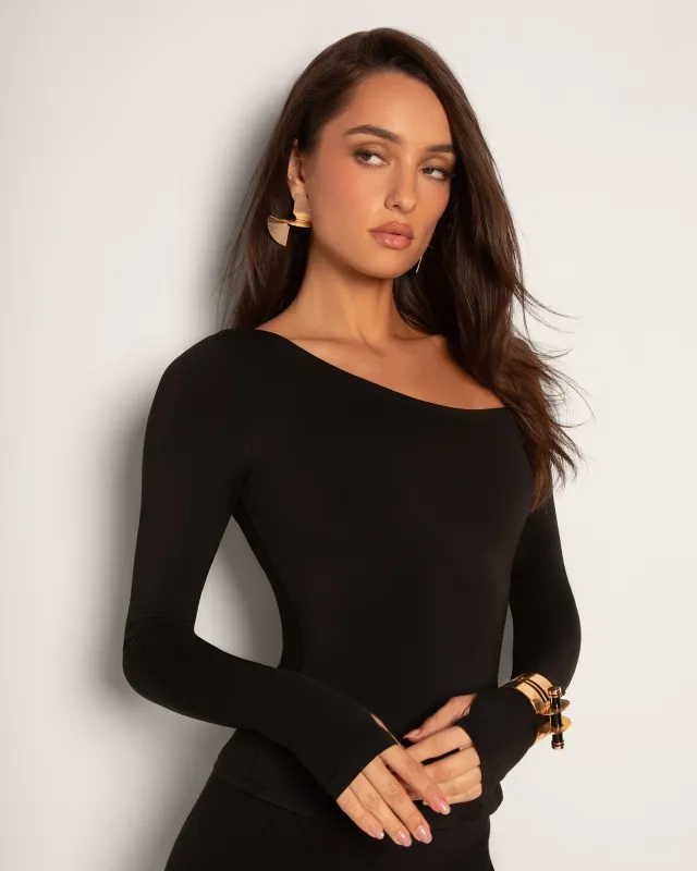Sculpty One Shoulder Long Sleeve Top - Black sold by TA3