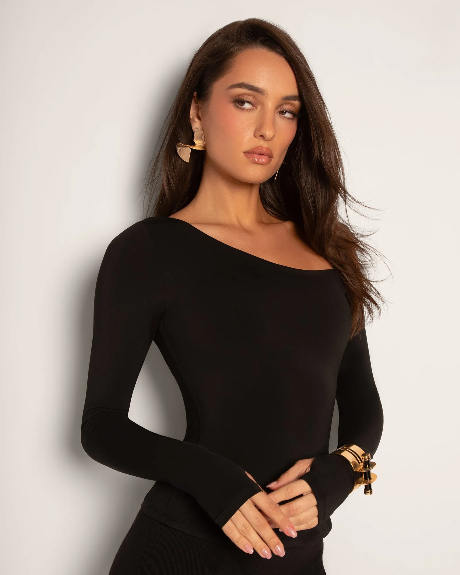 Sculpty One Shoulder Long Sleeve Top - Black sold by TA3