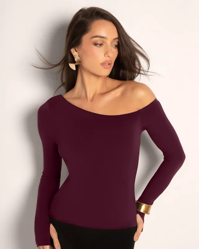 Sculpty One Shoulder Long Sleeve Top - Garnet sold by TA3