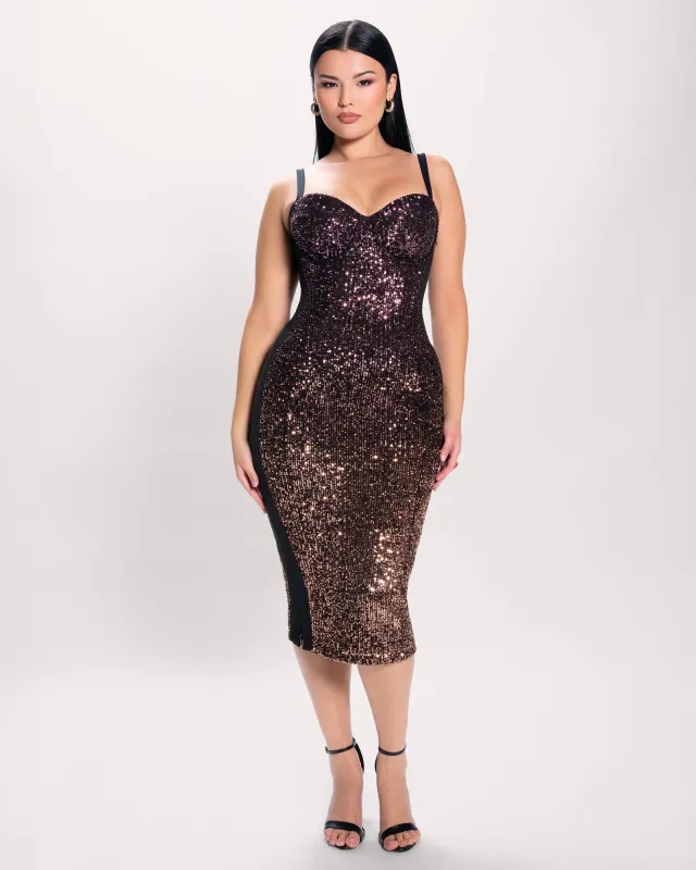 Seamed Lushy Midi Dress - Sequin Ombre Bronze/Plum sold by TA3