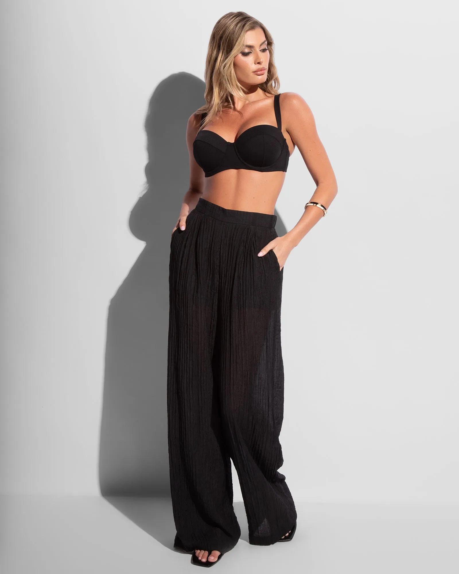 Seersucker Gauze Flowy Pant - Black sold by TA3 product image thumbnail 2
