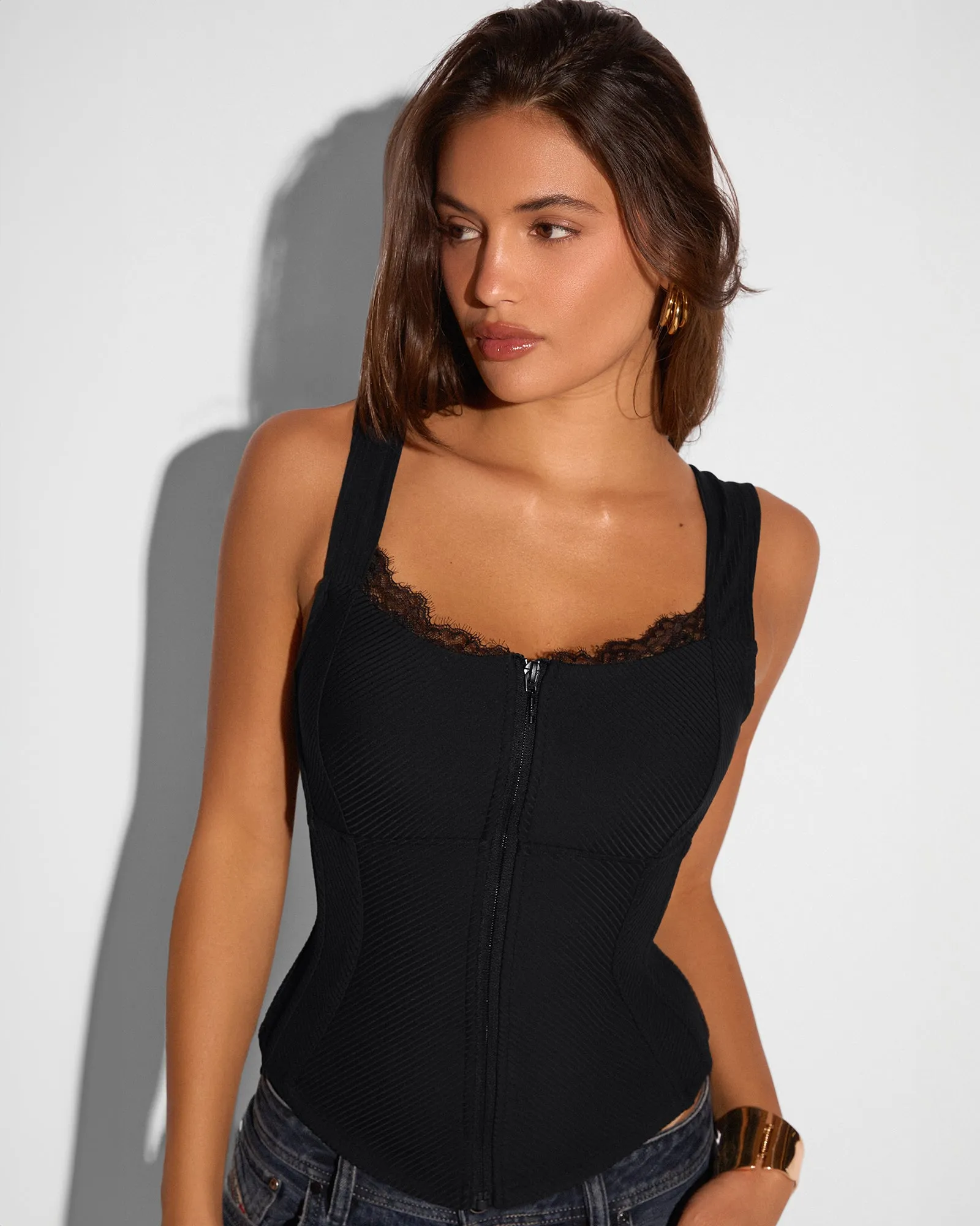 Corsety Seamed Tank - Lace Rib Black sold by TA3