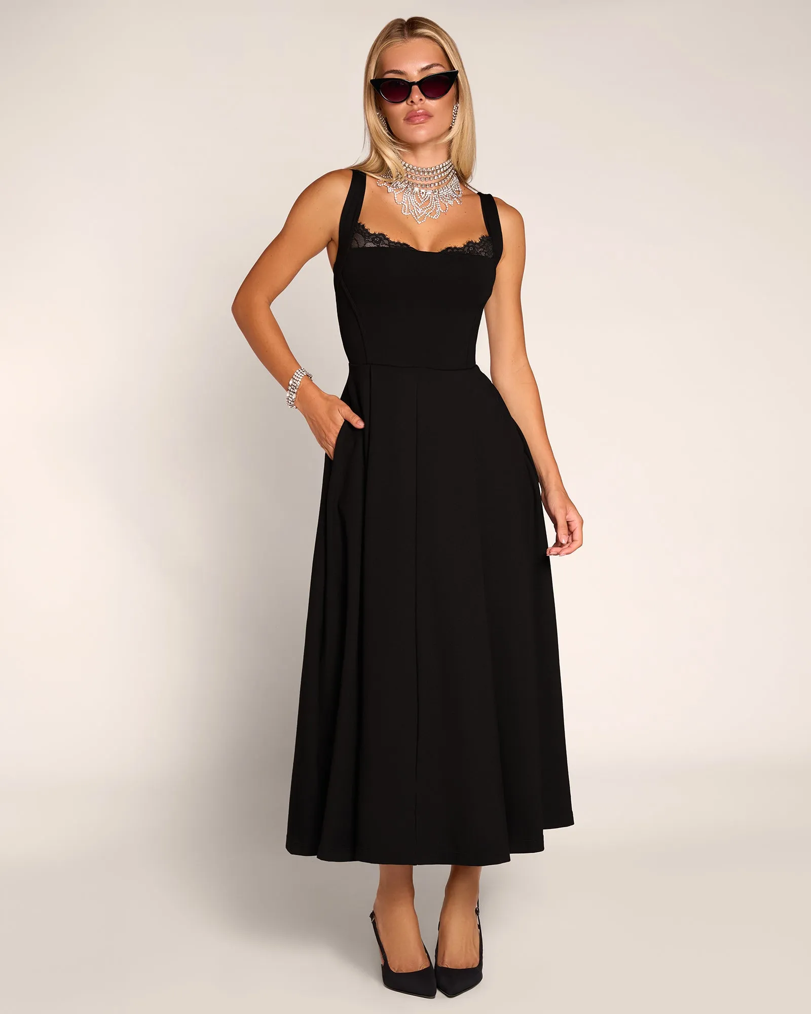 Adjustable Length Fit & Flare Midi Dress - Lace Black sold by TA3