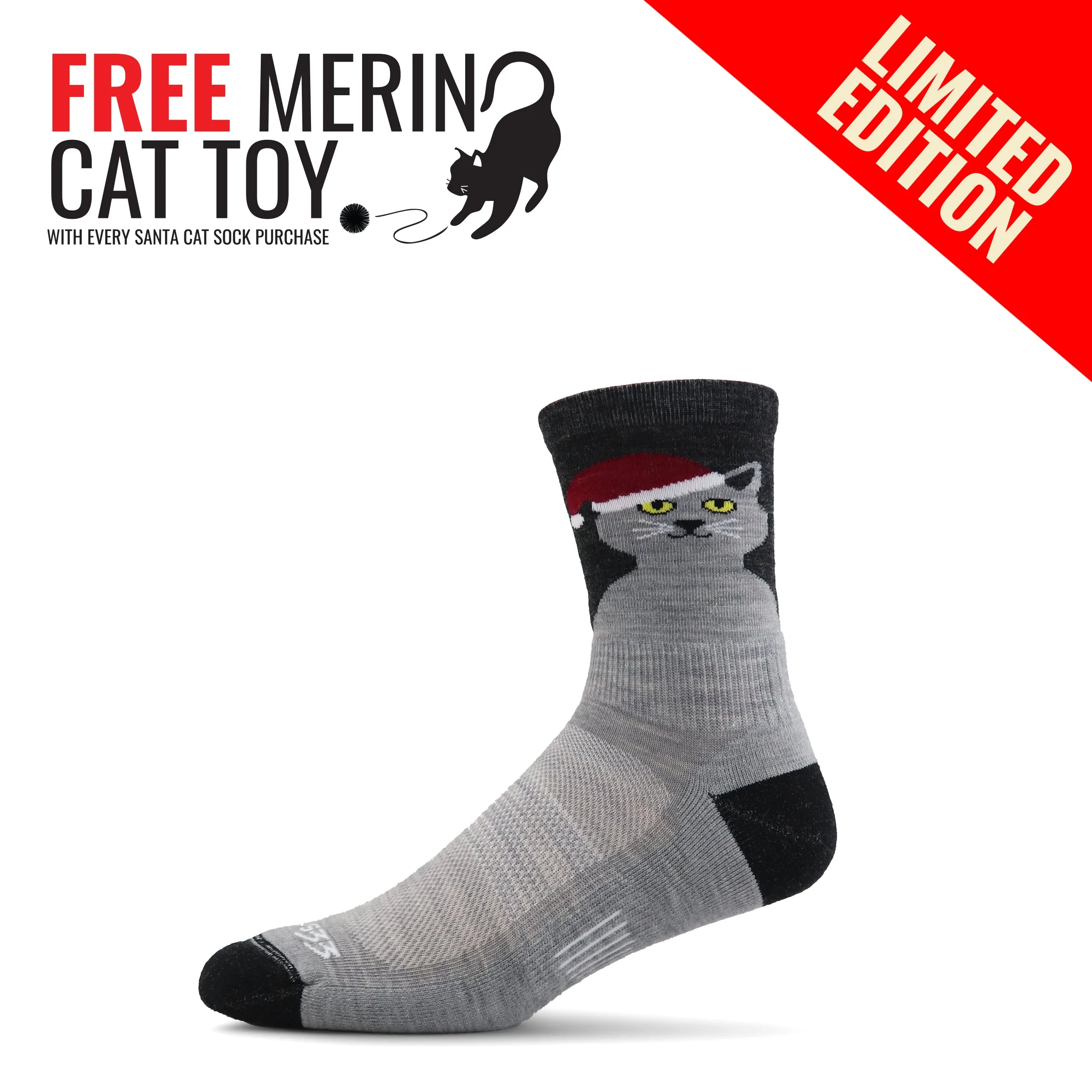 Santa Cat Socks - Micro Cushion Mini Crew sold by Minus33 Merino Wool