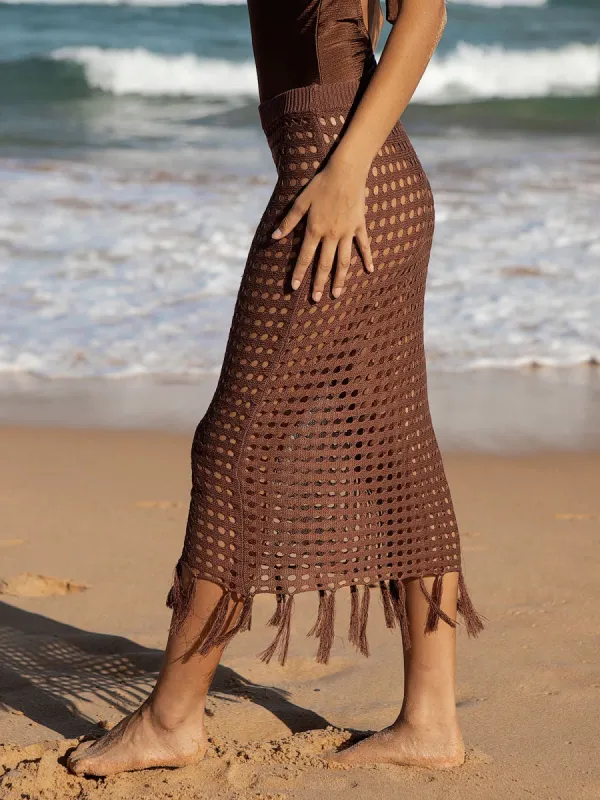 Coffee Pointelle-Knit Fringe Cover-Up Skirt sold by BERLOOK