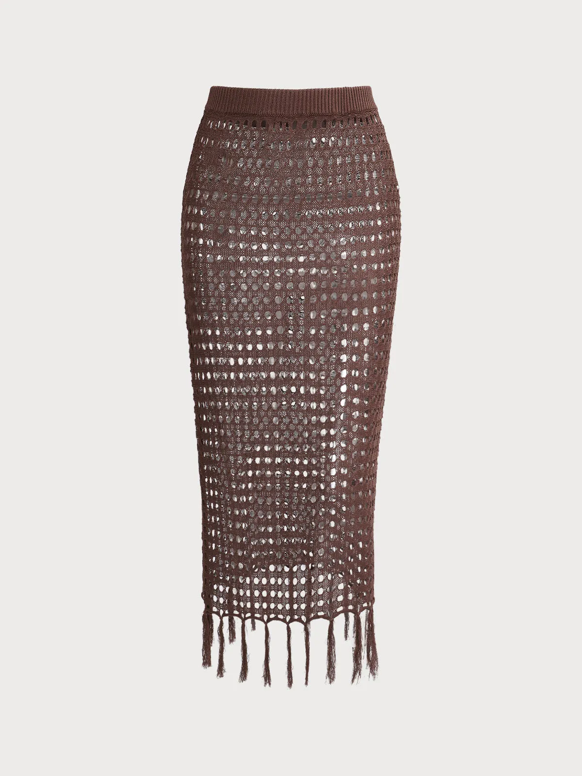 Coffee Pointelle-Knit Fringe Cover-Up Skirt sold by BERLOOK product image thumbnail 5