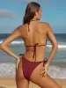Burgundy Crochet Halter Triangle Bikini Top sold by BERLOOK