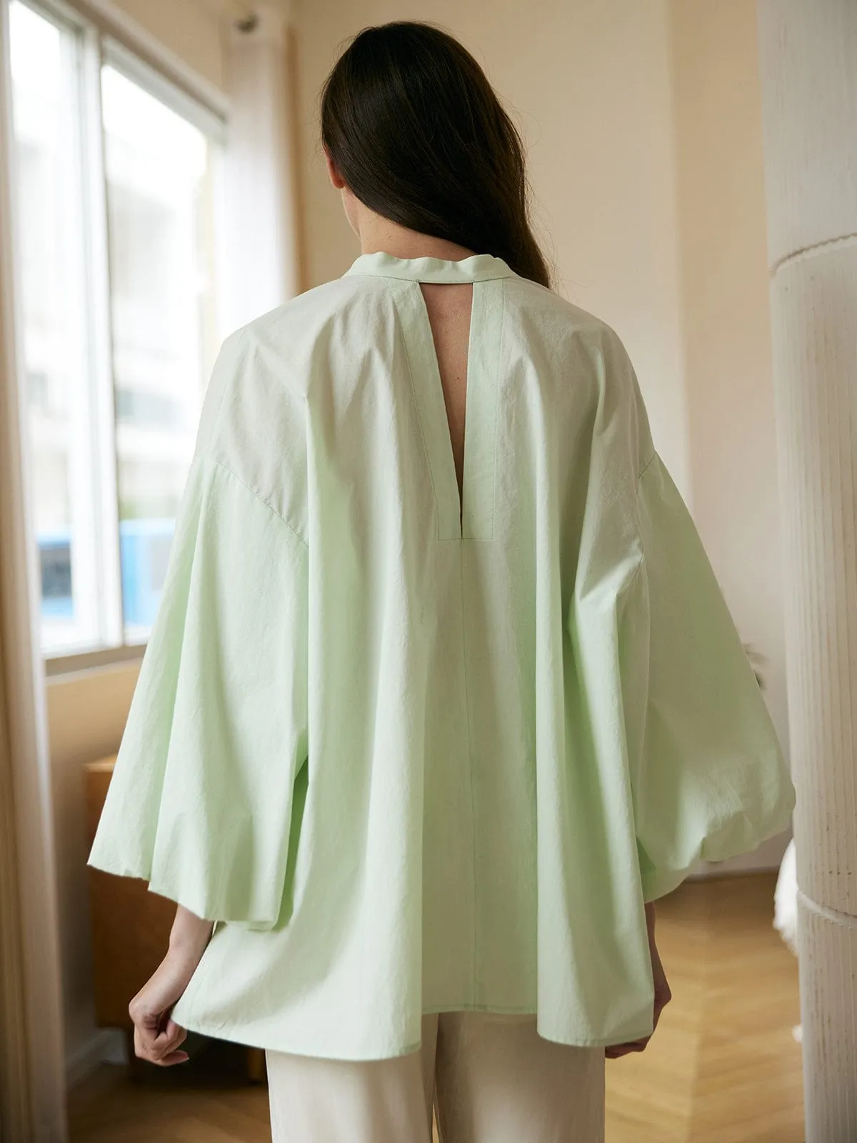 Cutout Back Lantern Sleeve Cotton Blouse sold by BERLOOK product image thumbnail 2