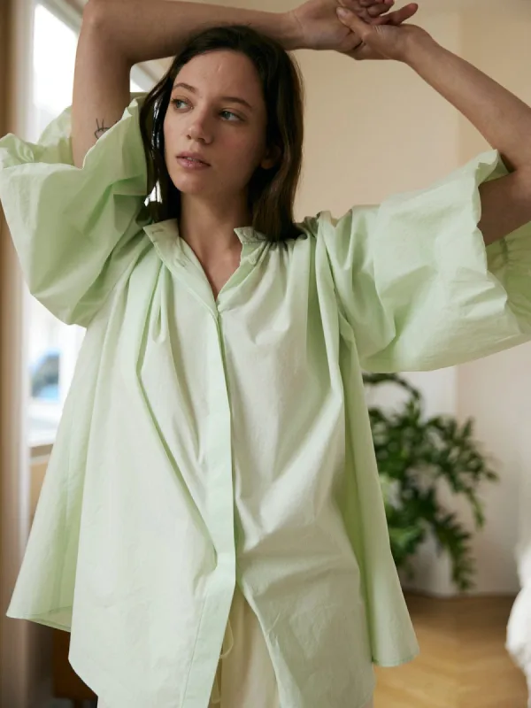 Cutout Back Lantern Sleeve Cotton Blouse sold by BERLOOK
