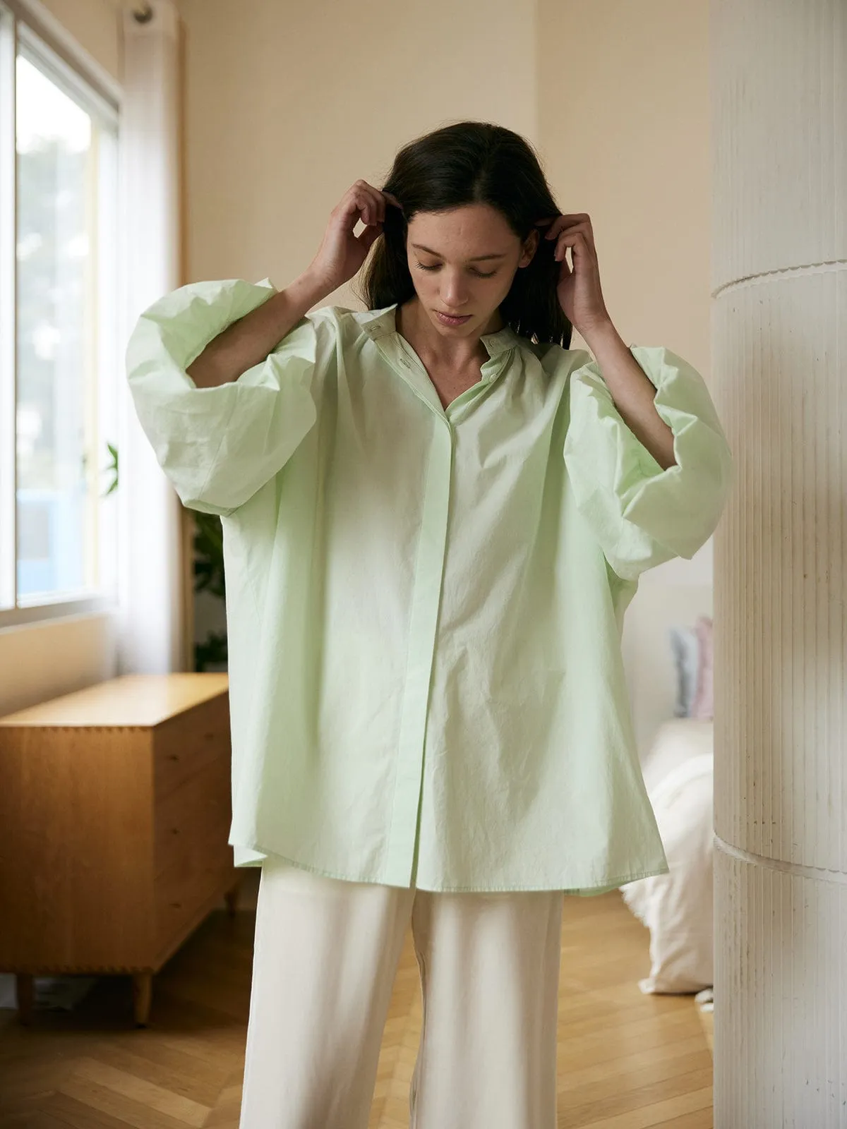 Cutout Back Lantern Sleeve Cotton Blouse sold by BERLOOK product image thumbnail 3