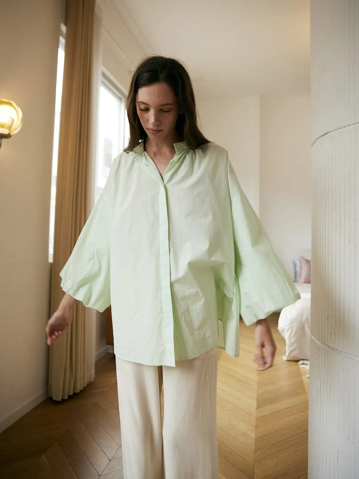 Cutout Back Lantern Sleeve Cotton Blouse sold by BERLOOK product image thumbnail 5