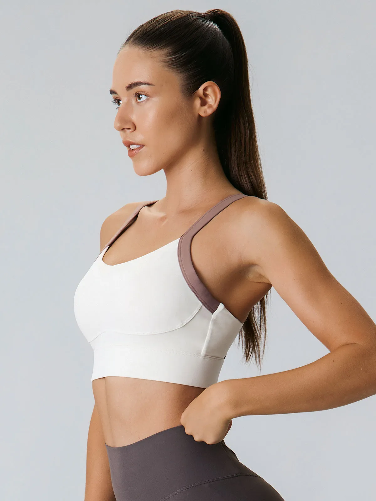 Beige Contrast Strap Sports Bra sold by BERLOOK